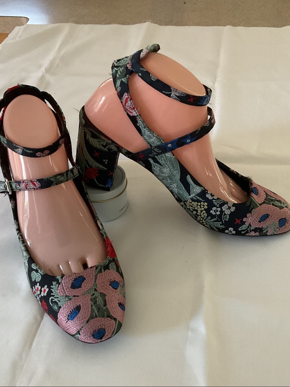 Indigo Black Floral Embroidered Mary Jane Heels with Pink and Blue Flowers